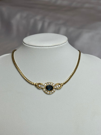 Collier vintage doré et pierre bleu avec strass