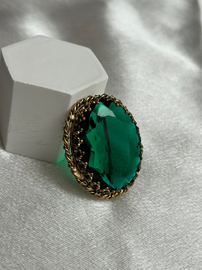 Broche vintage doré bronze et pierre verte