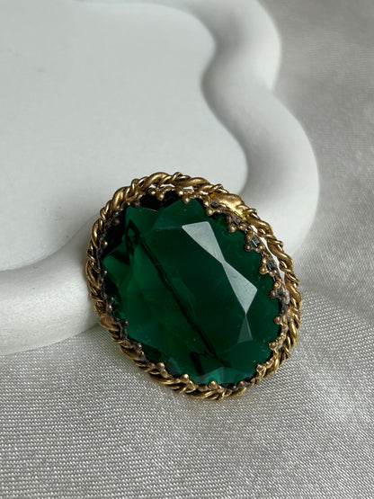 Broche vintage doré bronze et pierre verte