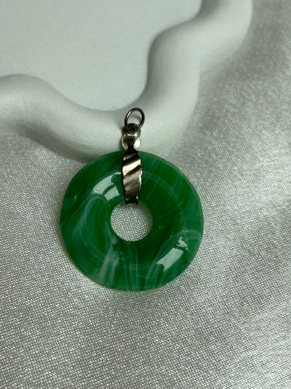 Pendentif vintage cercle vert marbre et Métal argenté