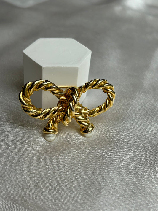 Broche vintage doré modèle noeud et perles