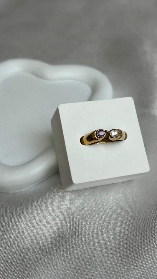 Bague vintage taille 52 en plaqué or et strass rose et transparents