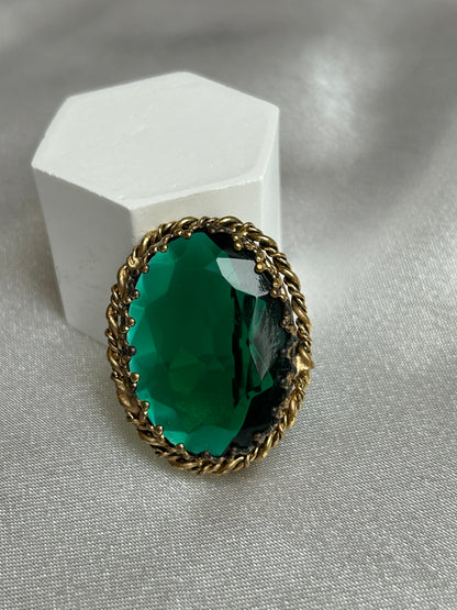 Broche vintage doré bronze et pierre verte