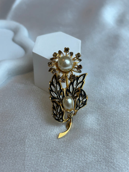Broche en or de Tolède vintage fleur et perle style culture