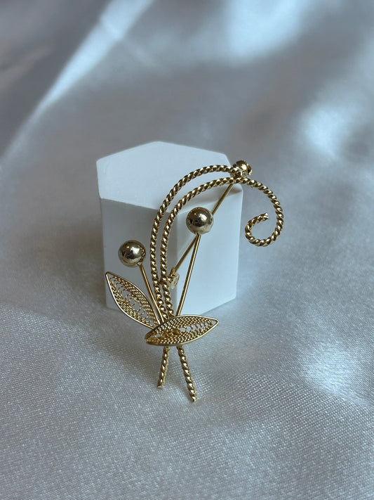 Broche vintage doré femme feuille et boules d’or