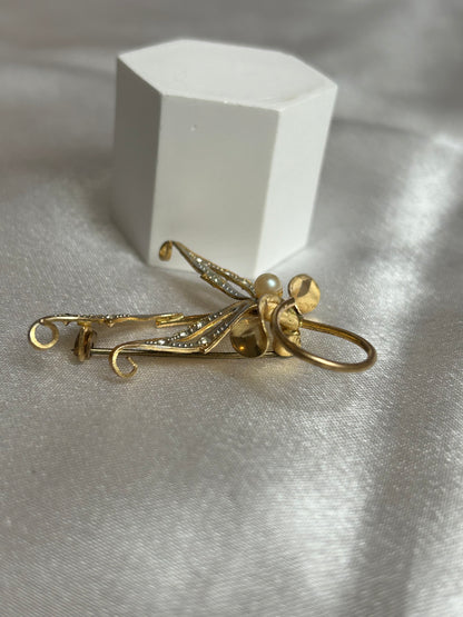 Broche vintage doré et argenté feuille et perle