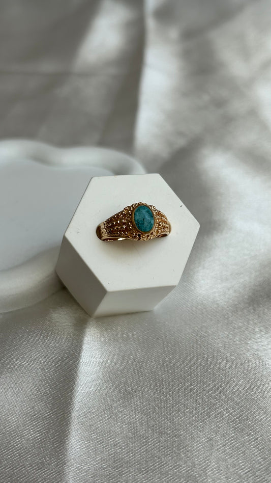 Bague vintage chevalière plaqué or et turquoise taille 52