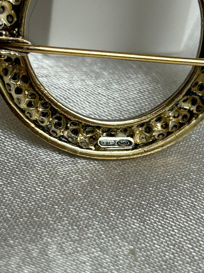 Broche vintage cercle argenté et strass en argent 925