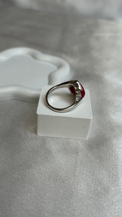 Bague vintage argenté et pierre rose fuseau taille 59