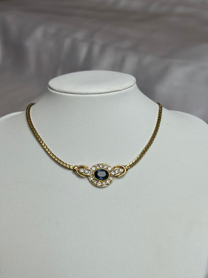 Collier vintage doré et pierre bleu avec strass