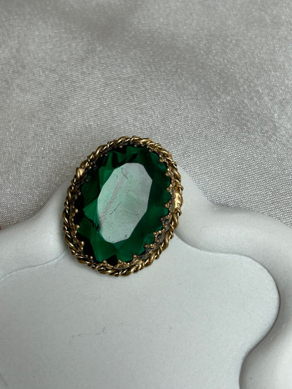 Broche vintage doré bronze et pierre verte