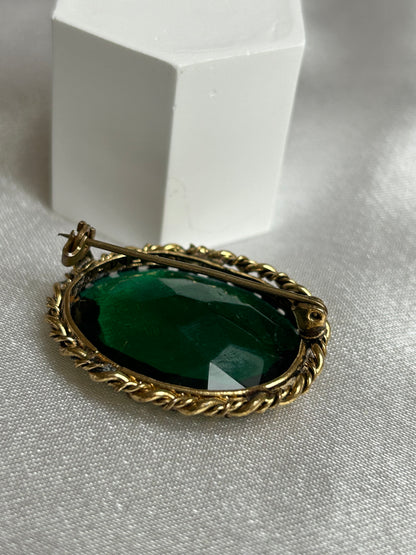Broche vintage doré bronze et pierre verte