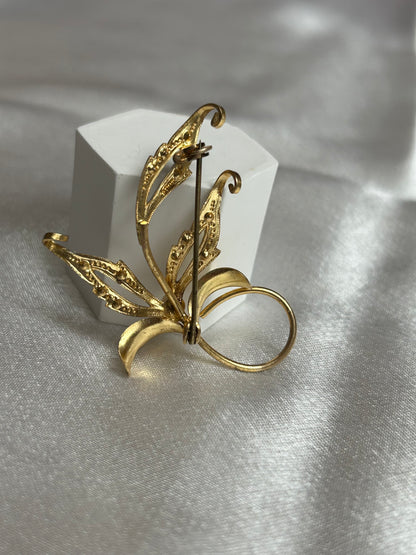 Broche vintage doré et argenté feuille et perle