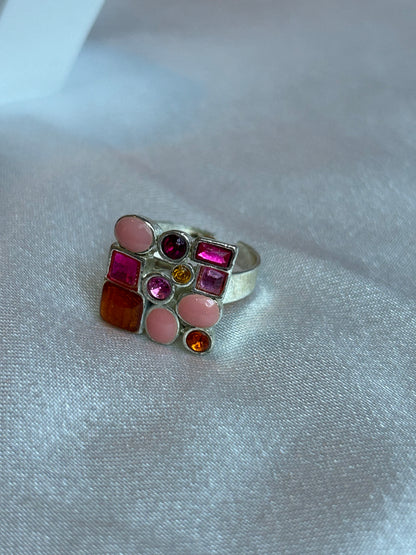 Bague argenté vintage taille ajustable et pierre roses
