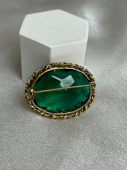 Broche vintage doré bronze et pierre verte