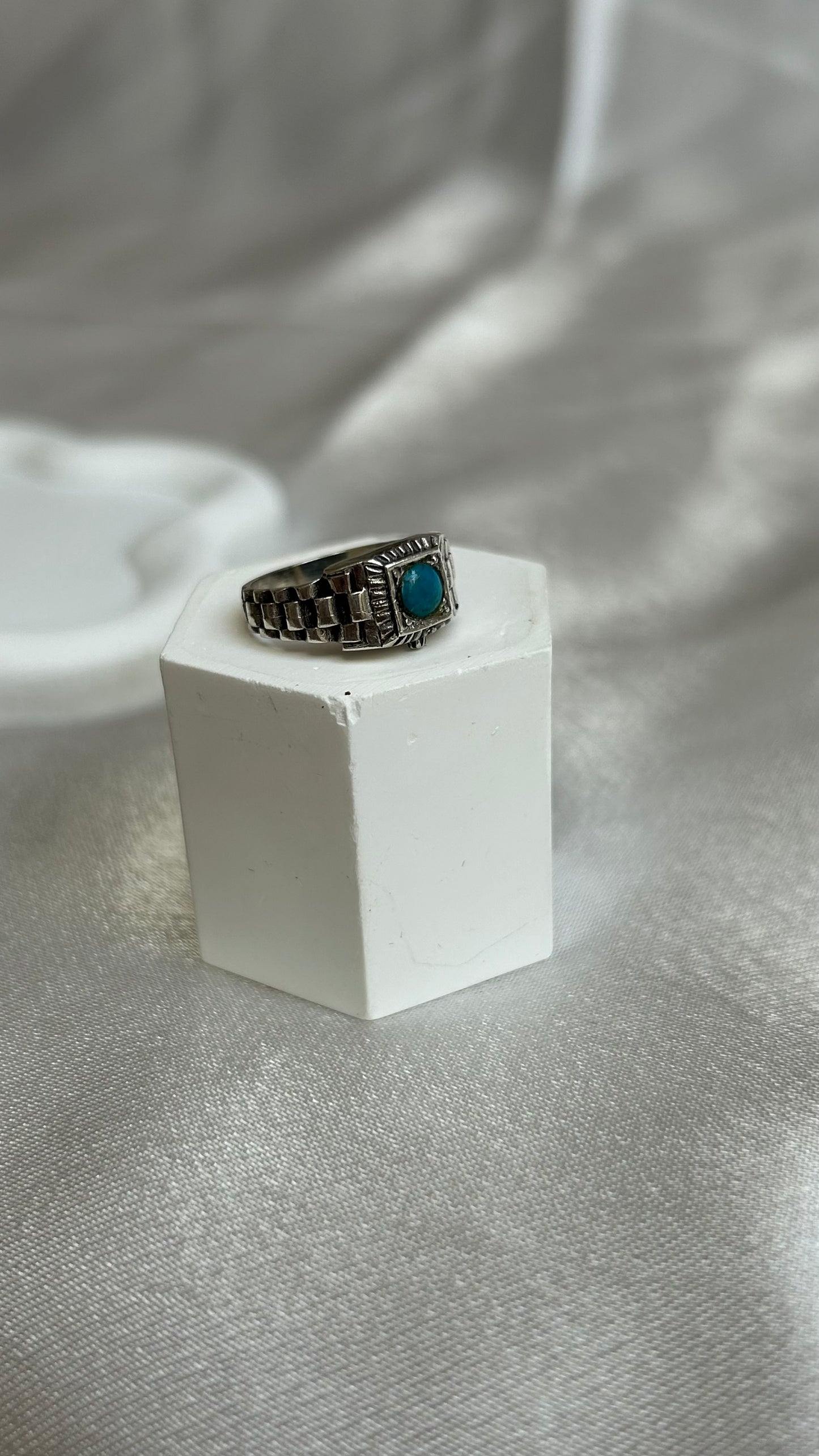 Bague chevalière vintage en argent et turquoise taille 50