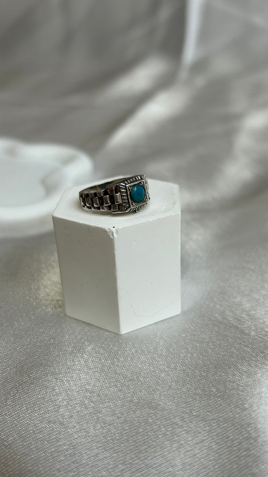 Bague chevalière vintage en argent et turquoise taille 50