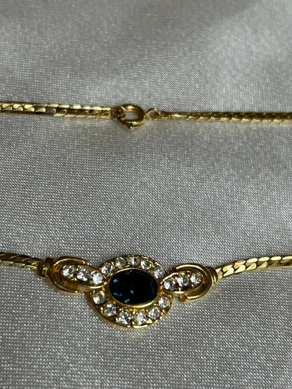 Collier vintage doré et pierre bleu avec strass