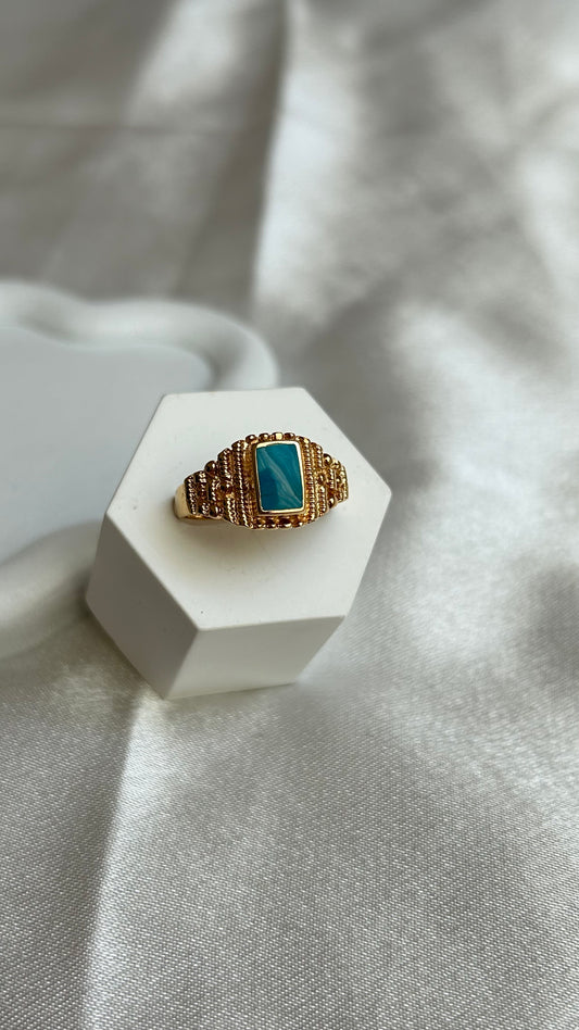 Bague chevalière plaqué or et turquoise taille 58