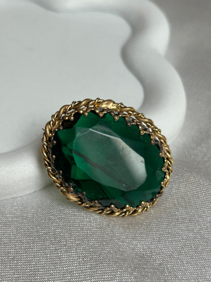 Broche vintage doré bronze et pierre verte