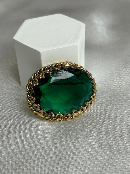 Broche vintage doré bronze et pierre verte