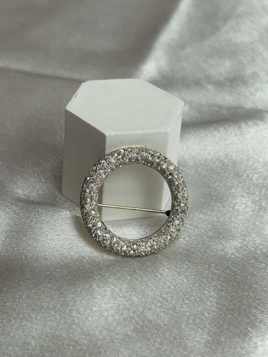 Broche vintage cercle argenté et strass en argent 925