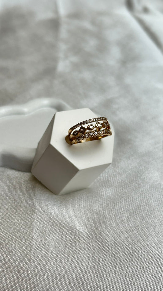 Bague 3 étages doré et strass taille 52