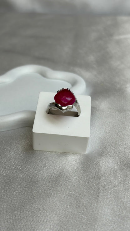 Bague vintage argenté et pierre rose fuseau taille 59