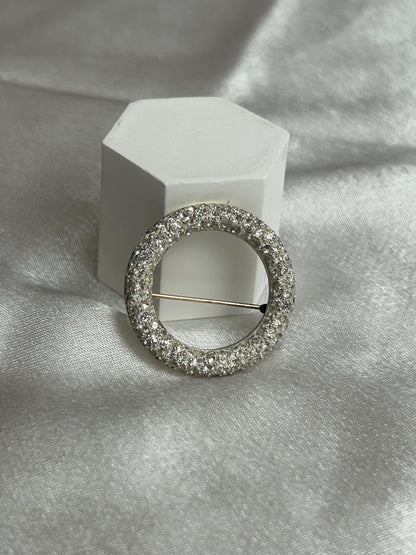 Broche vintage cercle argenté et strass en argent 925