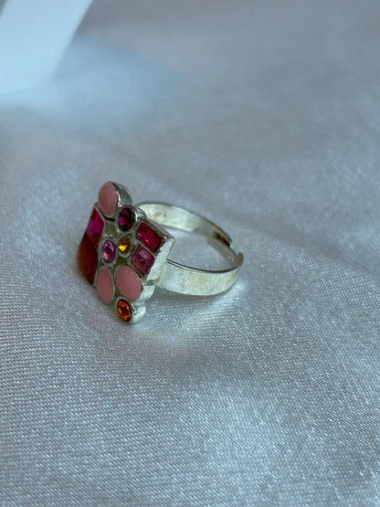 Bague argenté vintage taille ajustable et pierre roses