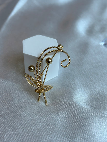 Broche vintage doré femme feuille et boules d’or