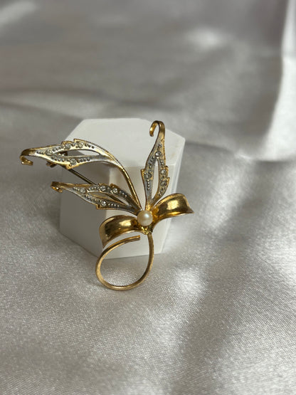 Broche vintage doré et argenté feuille et perle