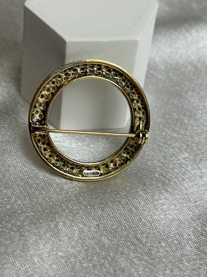 Broche vintage cercle argenté et strass en argent 925