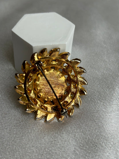 Broche vintage doré et strass style soleil fleur