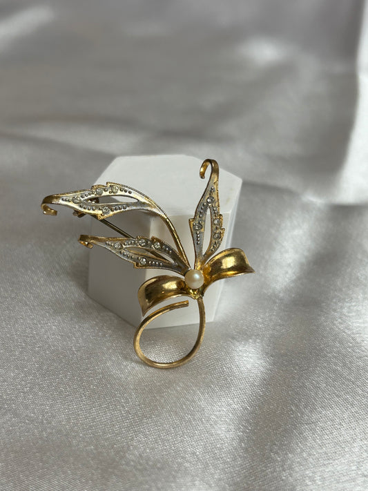 Broche vintage doré et argenté feuille et perle