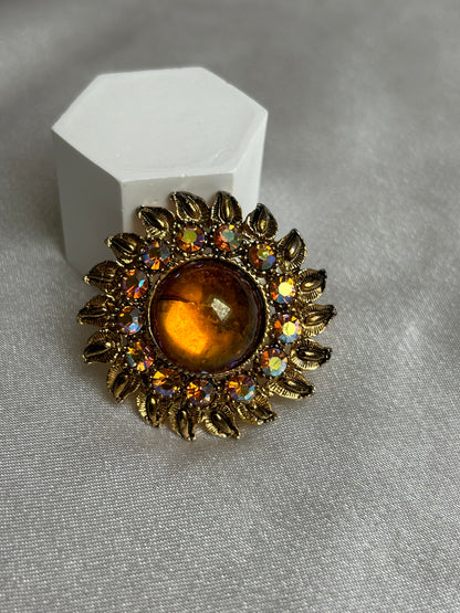 Broche vintage doré et strass style soleil fleur