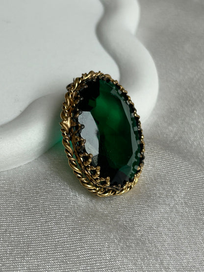 Broche vintage doré bronze et pierre verte