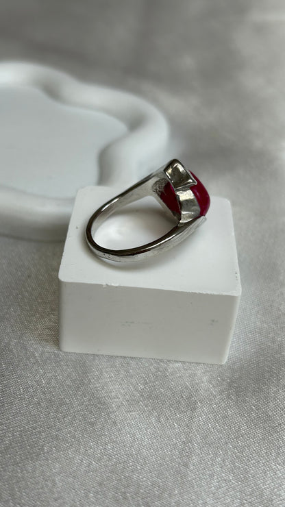 Bague vintage argenté et pierre rose fuseau taille 59