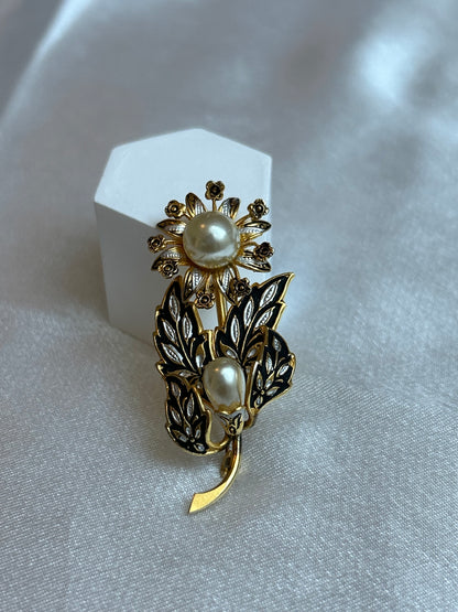 Broche en or de Tolède vintage fleur et perle style culture